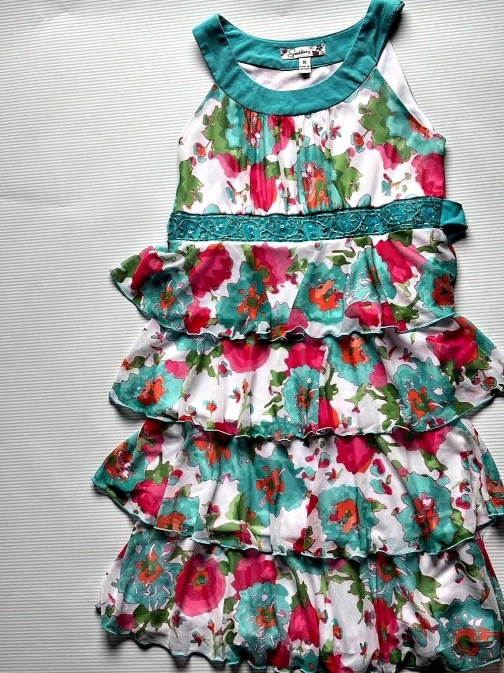 Speechless Girls Floral Tiered Dress Pink & Green Size 16